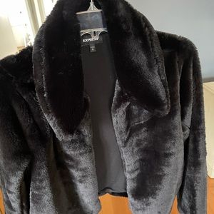 Black faux fur jacket. Express size M barely worn great condition. Hook closures
